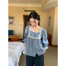批发英子oni 莱赛尔苎麻复古重工蕾丝拼接设计感衬衫女韩系方领娃娃衫