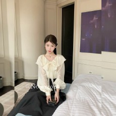 批发不出错No errors 天丝醋酸两穿翻领<b class='q'>蝴蝶结</b><b class='q'>衬衫</b>法式荷叶边系带上衣