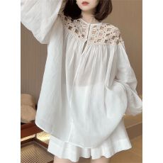 新款时尚空镂气质棉麻拼接高级感减龄百搭显瘦宽松韩系甜美衬衫