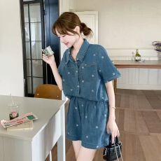 批发夏季新款<b class='q'>牛仔</b>刺绣时尚短袖+松紧腰宽松<b class='q'>短裤</b>显瘦气质休闲百搭套装