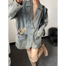 批发杨超越同款辣妹破洞牛仔<b class='q'>西装</b>外套复古做旧小众设计感<b class='q'>西装</b>牛仔上衣