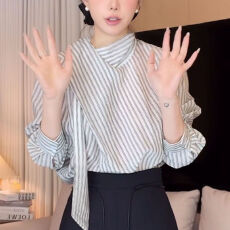 批发春秋新款法式条纹别致飘带洋气减龄宽松显瘦长袖<b class='q'>衬衫</b>
