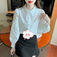 批发纯棉春秋新款法式刺绣蕾丝气质显瘦高级感百搭镂空长袖<b class='q'>衬衫</b>