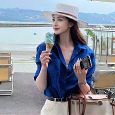 批发克莱因蓝色<b class='q'>衬衫</b>洋气减龄百搭气质长袖<b class='q'>衬衫</b>春秋百搭法式新款<b class='q'>衬衫</b>