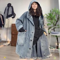 批发高端牛仔外套大码宽松<b class='q'>时尚</b>遮肉百搭中长款连帽气质连帽牛仔外套