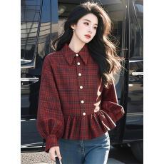 批发安哥拉红格荷叶边POIO领长袖<b class='q'>衬衫</b>春秋新款减龄甜美<b class='q'>衬衫</b>