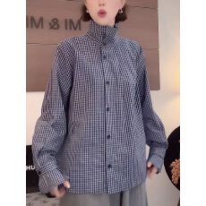 批发纯棉春秋新款立领格子复古花苞袖格子长袖<b class='q'>衬衫</b>