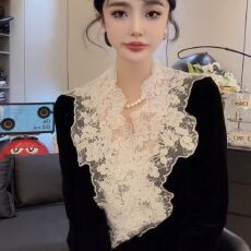 批发法式时尚蕾丝拼接丝绒衣长袖<b class='q'>衬衫</b>新款气质百搭显瘦<b class='q'>衬衫</b>上衣
