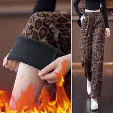 批发胖MM<b class='q'>大码</b>美式辣妹高街豹纹阔腿休闲裤加厚加绒宽松时尚阔腿裤