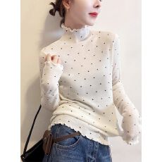 批发<b class='q'>原宿风</b>半高领木耳边打底衫长袖体恤秋冬季新款内搭波点显瘦上衣