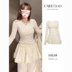 批发内搭下摆花边修身<b class='q'>连衣裙</b>春秋冬新款长袖撞色叠穿短裙女学生