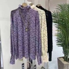 批发秋冬新款半高领蕾丝磨毛打底衫加厚保暖体恤上衣