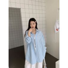 轻松周末蓝色格子防晒衬衫春夏慵懒风宽松休闲开衫外套衬衫