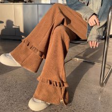 批发木耳边奥粒绒微喇叭秋冬新款加厚条绒软糯休闲拖地阔腿裤