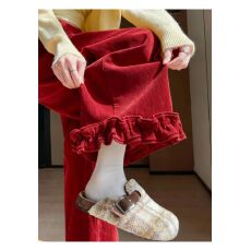 批发时尚休闲简约<b class='q'>气质</b>2025秋冬新款加绒加厚红色不耳边<b class='q'>阔腿裤</b>女潮