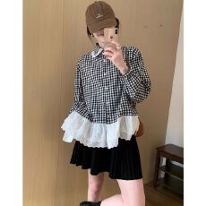 批发法式新款甜美蕾丝拼接长袖衬衫2026春款娃娃领格子减龄时尚衬衫