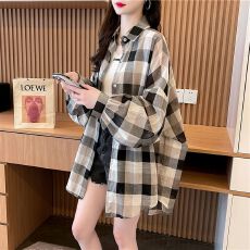 批发纯棉防晒长袖格子衬衫中长款百搭显瘦时尚<b class='q'>外套</b>开衫