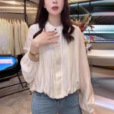 批发设计感圆领衬衫2026春季爆款洋气优雅风气质高端长袖衬衫