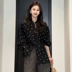 批发时尚洋气宽松长袖衬衫显瘦气质韩版法式慵懒风波点衬衫