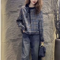 批发韩版春季新款时尚减龄甜美格子百搭气质长袖荷叶边甜美衬衫