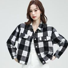 春秋新款灯芯绒时尚短外套格子百搭宽松时尚外套开衫