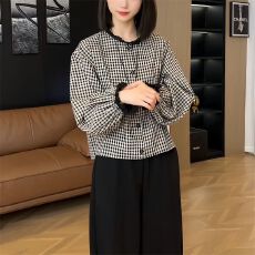 批发法式别致格子拼接蕾丝<b class='q'>长袖</b>春季新款宽松显瘦韩版<b class='q'>衬衫</b>上衣