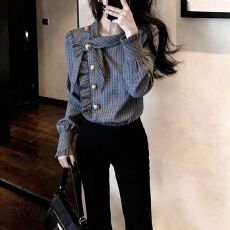 批发春<b class='q'>秋</b>季新款复古不规则格子别致高级感独特设计百搭时尚长袖衬衫