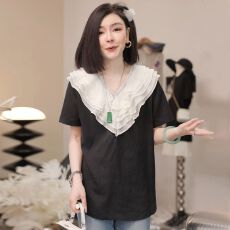 批发春夏高级感荷叶边V领拼接<b class='q'>时尚</b>大码宽松显瘦轻薄透气短袖<b class='q'>衬衫</b>上衣