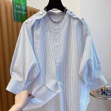 批发春秋新款高端气质条纹衬衫长穿搭时尚欧货长袖衬衫