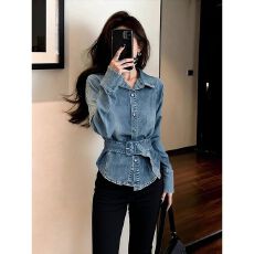 批发春<b class='q'>秋</b>新款独特巨好看法式小众洋气减龄高级感时尚收腰牛仔衬衫上衣