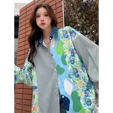 批发春季新款港风拼接时尚别致宽松时尚休闲长袖情侣衬衫防晒衫