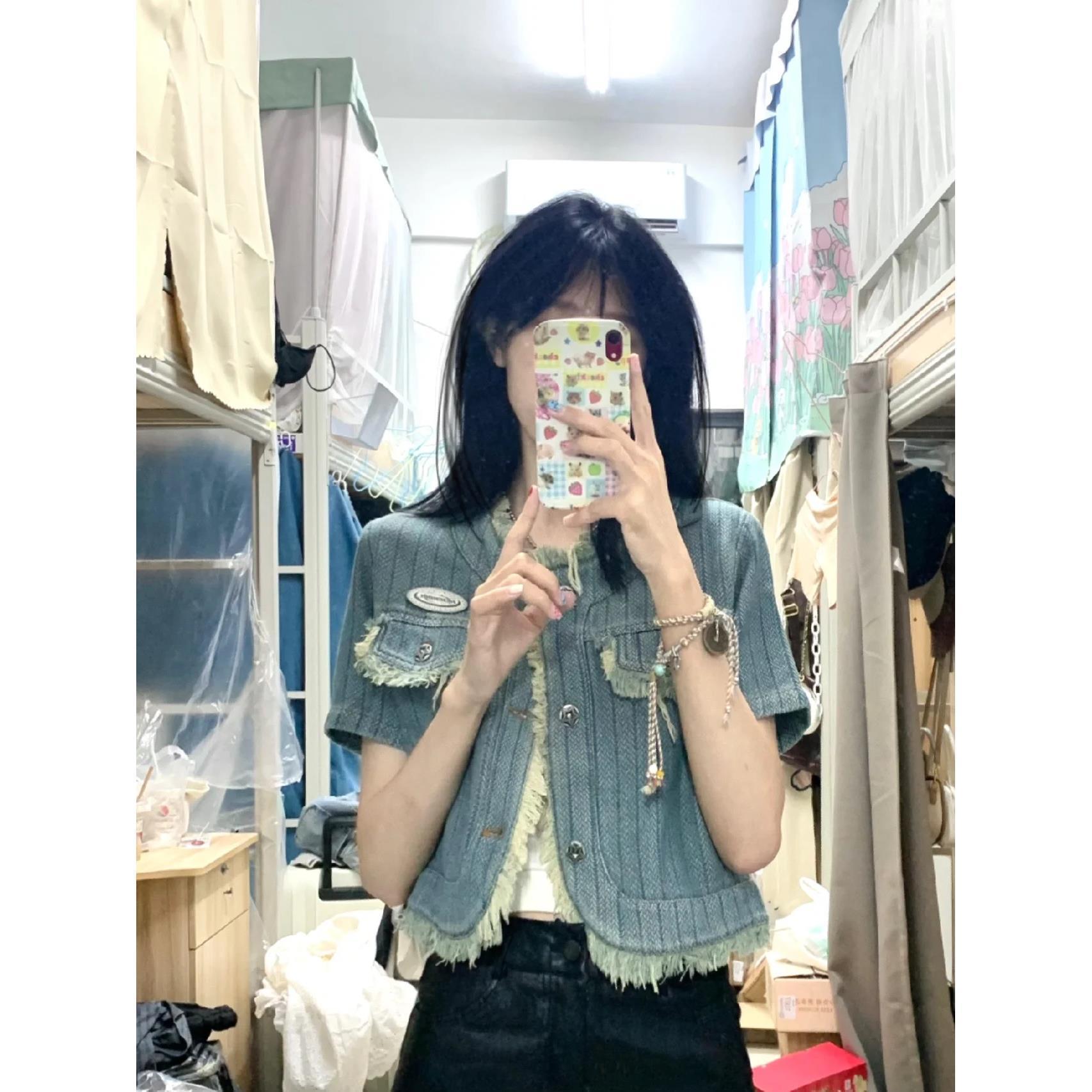작은 샤넬 스타일 데님 짧은 외투 술 패션 트렌드 조수 브랜드 워시 물 반팔 데님 맨위