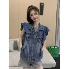 批发韩系新款牛仔马甲外套上衣春秋新款学生宽松<b class='q'>甜美</b>荷叶边卡马甲