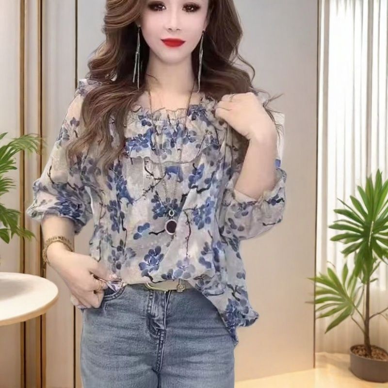 프랑스식 고급 센스 디자인 센스 작은 대중 Chic 프릴 꽃무늬 나팔 소매 프린트 길다 달콤함 소매 셔츠