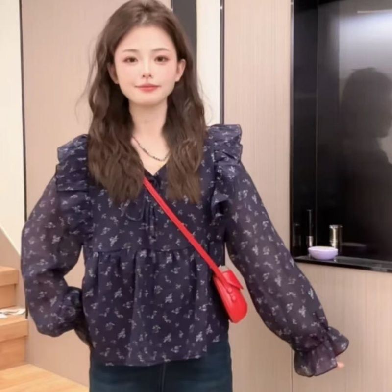 봄 가을 새로운 한 부서 귀 달콤함 품격 꽃무늬 V넥 Chic 품격 루즈핏 슬림해 보이는 긴팔 쉬폰 톱