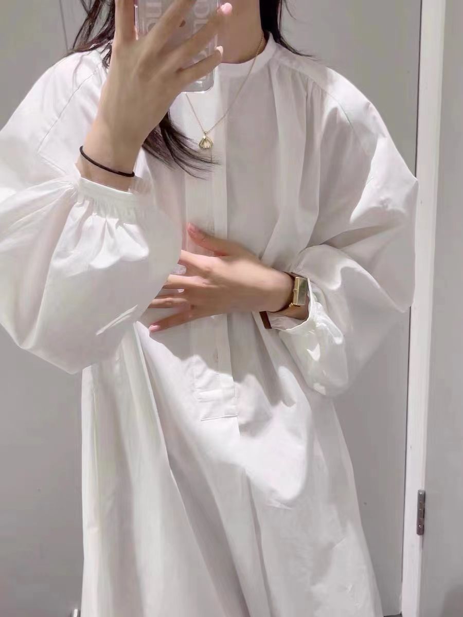 봄 여름 새로운 ins 바람 외국 가스 Chic 캐주얼 스탠드 칼라 벌룬 소매 패션 셔츠 드레스
