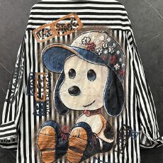 批发春秋新款特大码300斤重工新款卡通史努比条纹长袖衬衫情侣衬衫