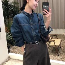 批发时尚别致不耳边<b class='q'>甜美</b>减龄长袖牛仔衬衫春秋新款牛仔衬衫上衣