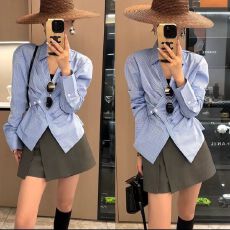 批发春夏秋新款别致收腰长袖衬衫条纹不规则上衣