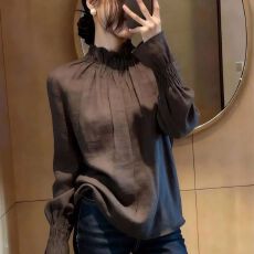 批发春秋新款独特设计法式别致高端气质立领木耳边甜美长袖衬衫