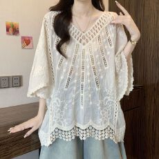 批发夏季新款纯棉镂空<b class='q'>刺绣</b>亚麻别致高端蝙蝠袖<b class='q'>衬衫</b>