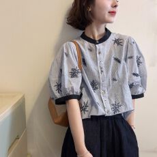 批发欧货时尚条纹减龄刺绣<b class='q'>高端</b>甜美短袖衬衫夏季新款