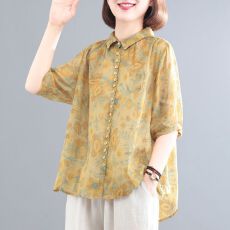批发棉麻大码宽松百搭显瘦碎花气质减龄短袖衬衫夏季新款高端衬衫