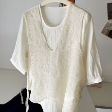 批发甜美蕾丝超仙假两件时尚短袖洋气宽松显瘦短袖上衣