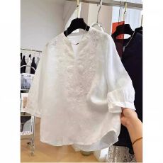 批发夏季新款高级感重工棉麻刺绣法式气质上衣衬衫