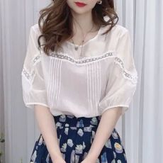 批发夏季新款蕾丝拼接圆领百搭宽松显瘦甜美短袖<b class='q'>衬衫</b>