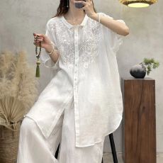 批发棉麻刺绣宽松<b class='q'>大码</b>宽松显瘦短袖衬衫夏季新款