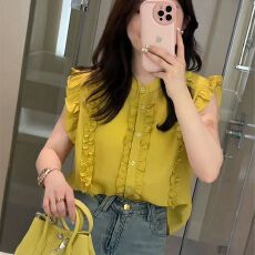 批发法式木耳边夏季飞飞袖时尚甜美减龄衬衫上衣