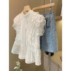 批发法式重工蕾丝镂空<b class='q'>荷叶边</b>夏季高端飞飞袖时尚甜美减龄高端衬衫