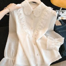 批发法式蕾丝翻领<b class='q'>荷叶边</b>洋气高端重工时尚显瘦气质喇叭袖长袖衬衫